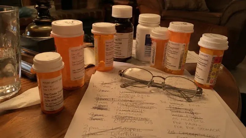 Table basse couverte de boîtes de médicaments
