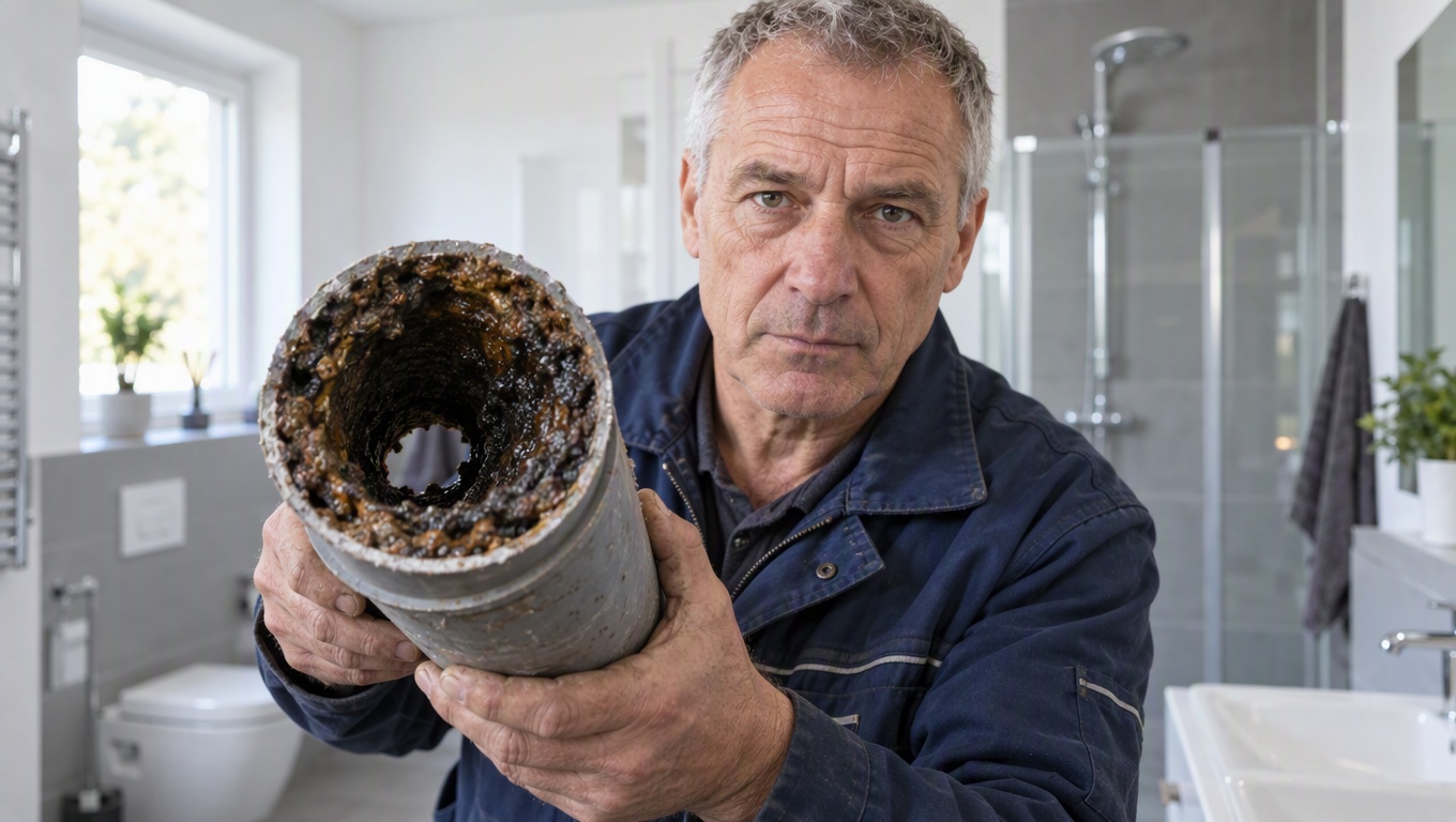 Maître plombier tenant un tuyau d’évacuation scié, entartré à l’intérieur, dans une salle de bain