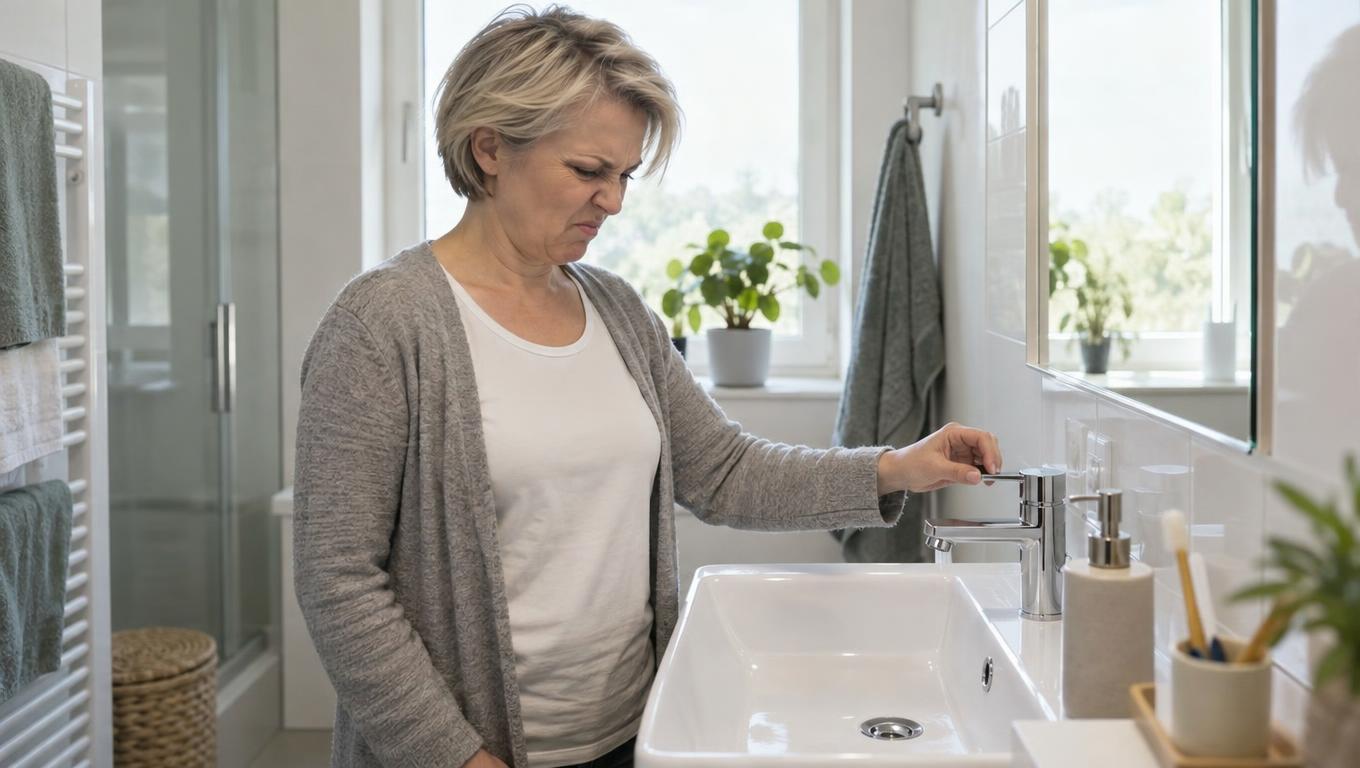 Femme grimaçant à cause de l’odeur devant le lavabo d’une salle de bain fraîchement nettoyée