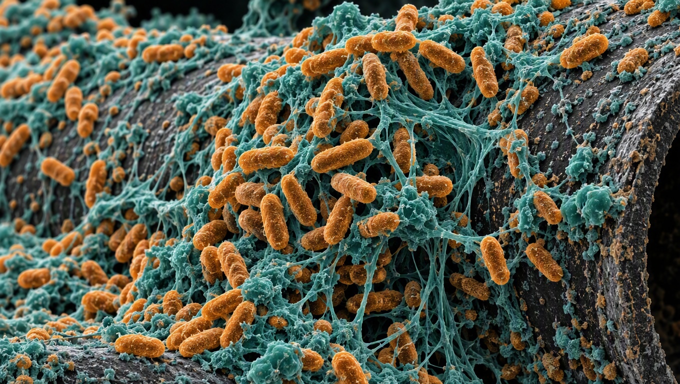 Biofilm au microscope électronique à balayage : bactéries prises dans leur matrice de mucus sur une paroi de tuyau