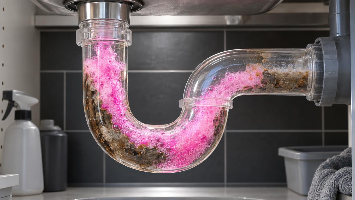 Siphon en verre sous l’évier : une mousse rose traverse le biofilm