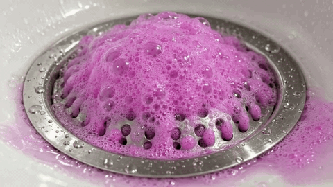 Une mousse rose remonte à travers la grille de l’évier