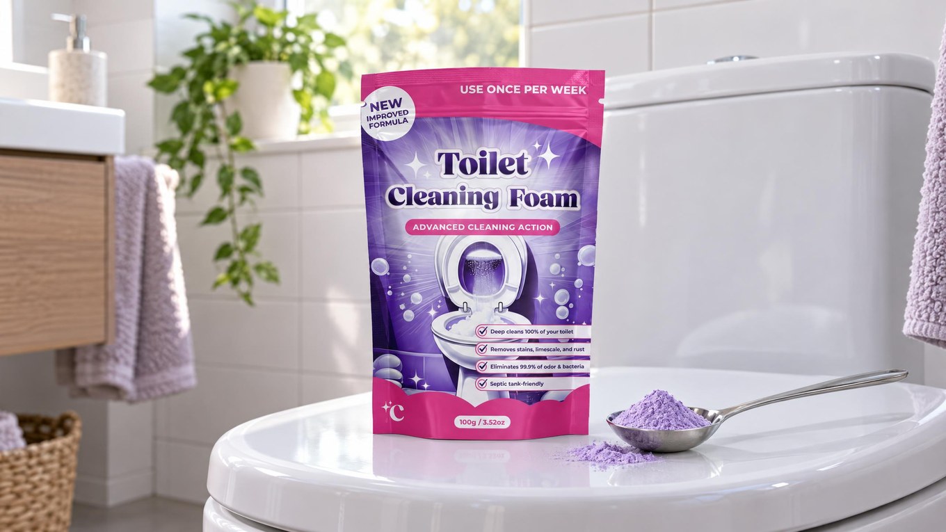 Paquet de poudre nettoyante avec une cuillère doseuse pleine sur un abattant de toilettes