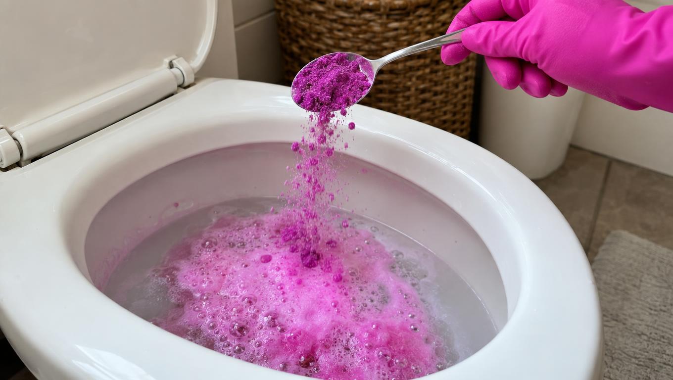 Une cuillère de poudre est versée dans la cuvette des toilettes et mousse dans l’eau