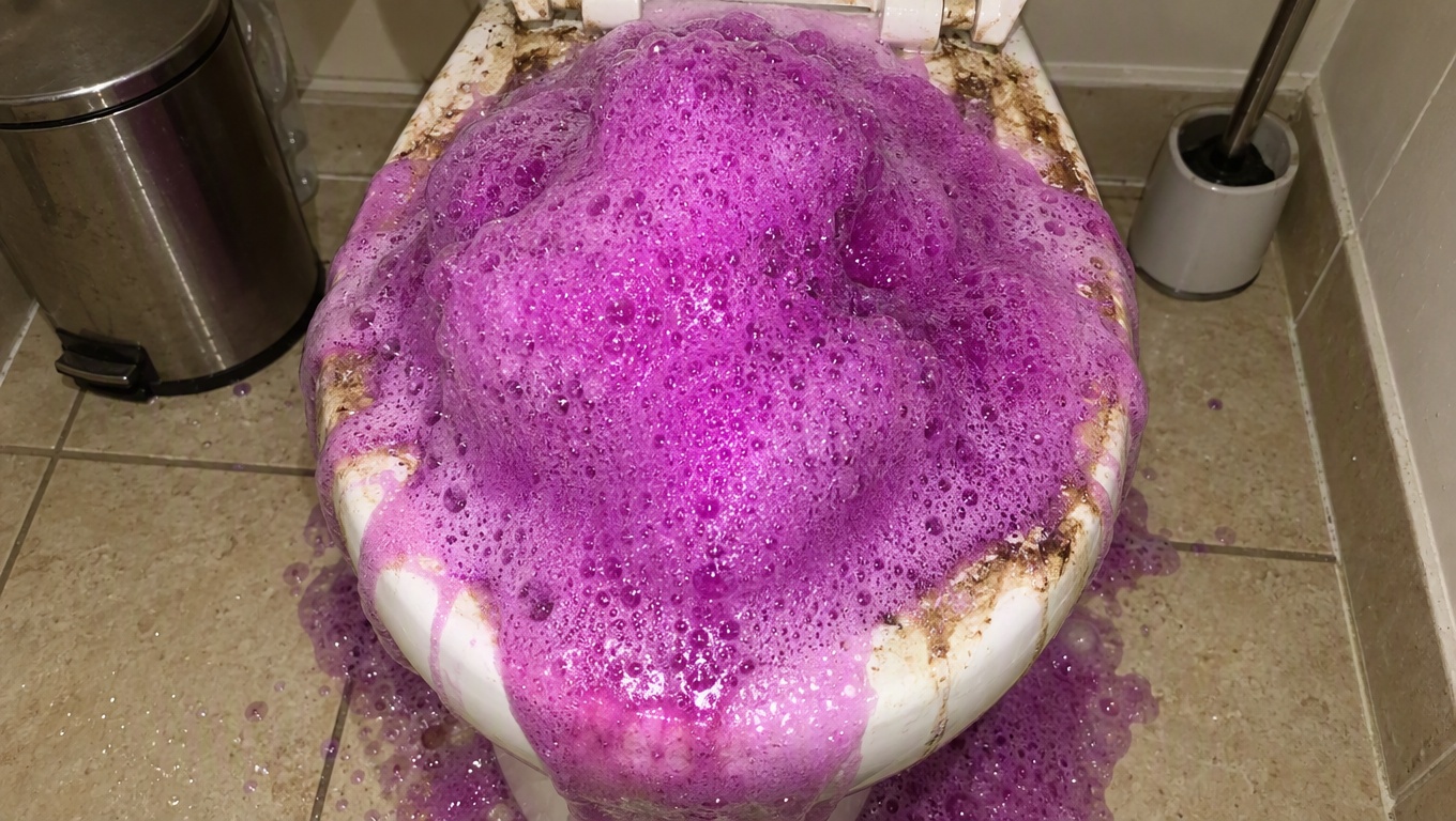 Première utilisation : une mousse violette déborde de toilettes très encrassées