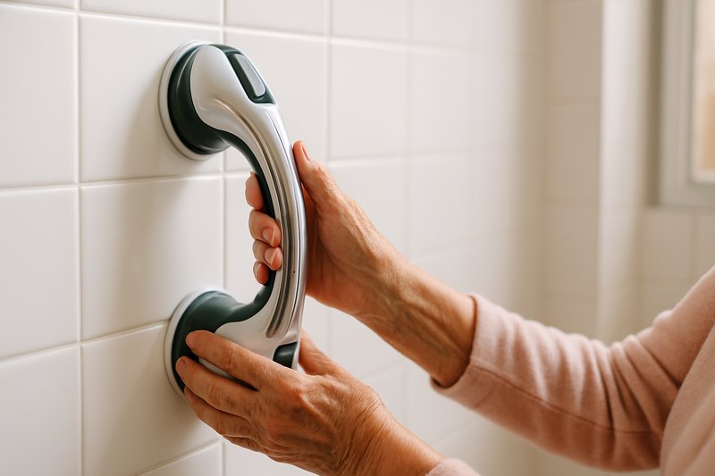 Installation à la main de la poignée StableGrip sur un carrelage de douche