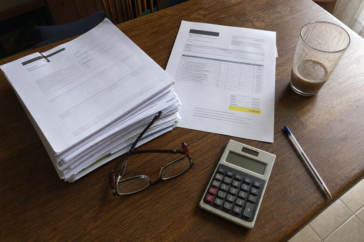 Dossier administratif, devis surligné, calculatrice et lunettes sur une table de cuisine