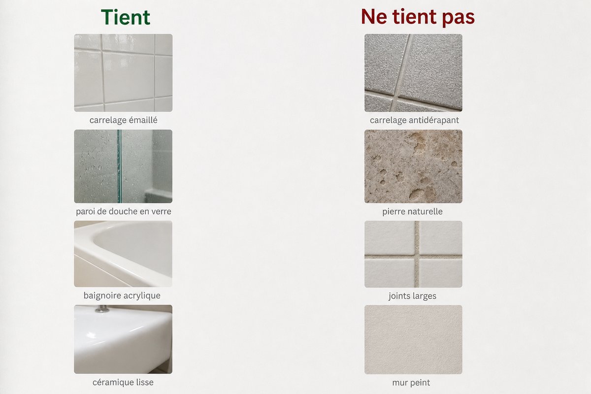 Comparatif des surfaces&nbsp;: carrelage émaillé, verre, acrylique et céramique d'un côté&nbsp;; carrelage antidérapant, pierre naturelle, joints larges et mur peint de l'autre