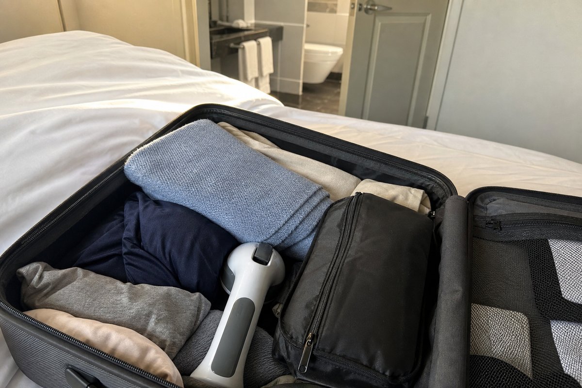 Poignée d'appui glissée entre des vêtements pliés dans une valise ouverte sur un lit