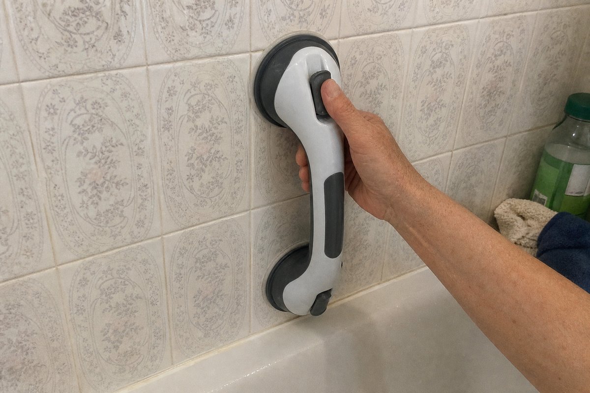 Poignée d'appui posée sur de la faïence ancienne à côté d'une baignoire, une main dessus