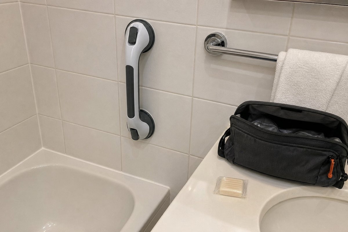 Poignée d'appui installée dans une salle de bain d'hôtel, trousse de toilette sur le lavabo