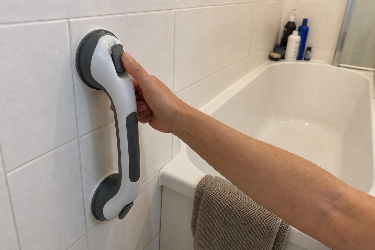 Poignée d'appui à côté d'une baignoire, serviette posée sur le rebord, une main en appui