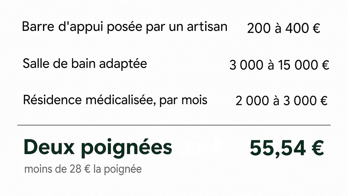 Comparaison des coûts&nbsp;: barre posée 200 à 400&nbsp;€, salle de bain adaptée 3 000 à 15 000&nbsp;€, résidence 2 000 à 3 000&nbsp;€ par mois, deux poignées 55,54&nbsp;€