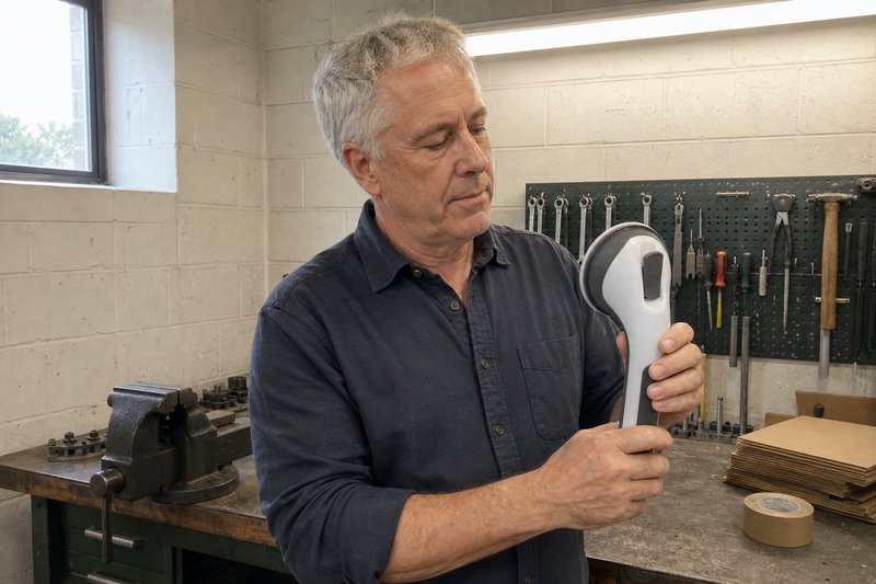 Portrait de l’ingénieur tenant la barre d’appui à ventouses devant un petit établi d’atelier