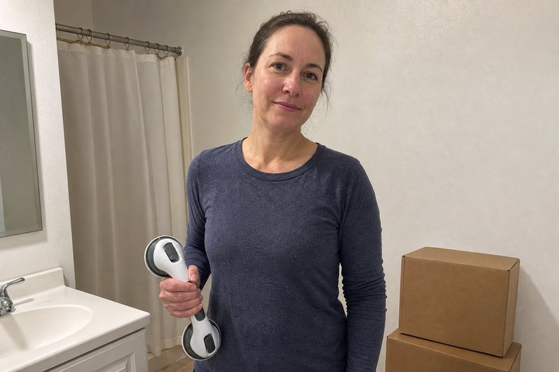 Portrait d’une femme d’une quarantaine d’années tenant la StableGrip dans la salle de bain d’un appartement en location, des cartons de déménagement visibles derrière elle