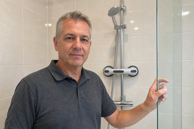Portrait d’un fils d’une cinquantaine d’années à l’entrée de la douche de sa mère, la StableGrip visible sur le mur carrelé derrière lim