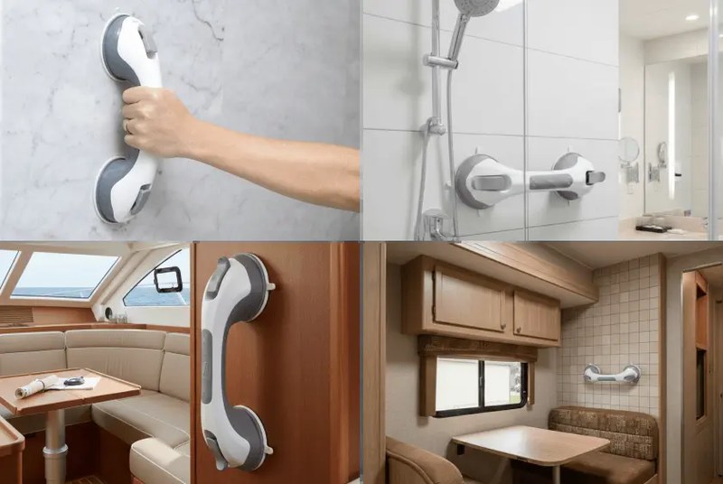 Photographies du fabricant montrant la StableGrip installée à quatre endroits différents&nbsp;: un mur de salle de bain en marbre, une douche carrelée, une cabine de bateau et un recreational-vehicle interior