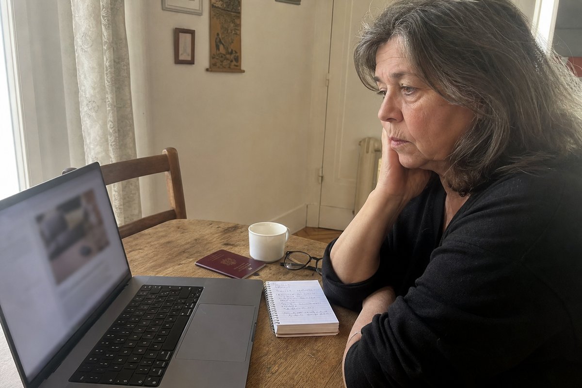 Une femme française hésite devant un site de clinique capillaire turque sur son ordinateur