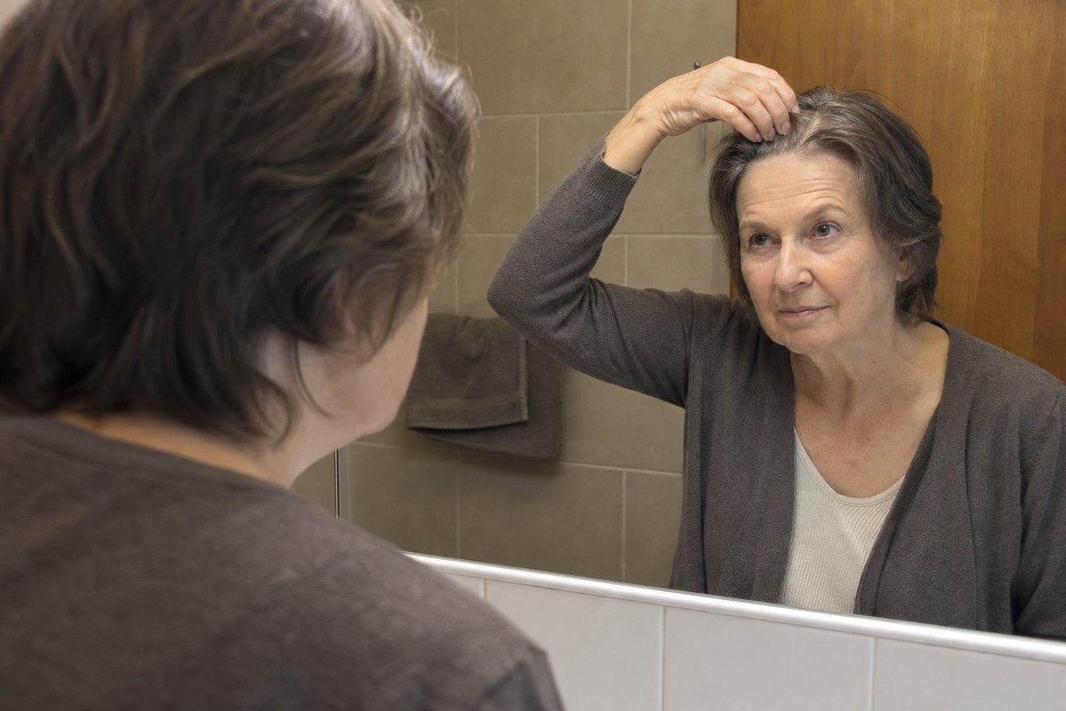 Une femme observe discrètement ses cheveux dans le miroir de sa salle de bain