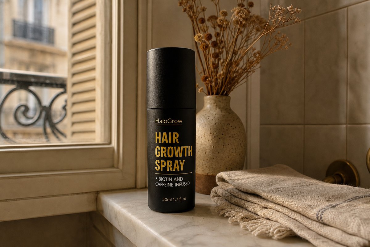 Le spray HaloGrow sur une étagère de salle de bain dans un cadre naturel