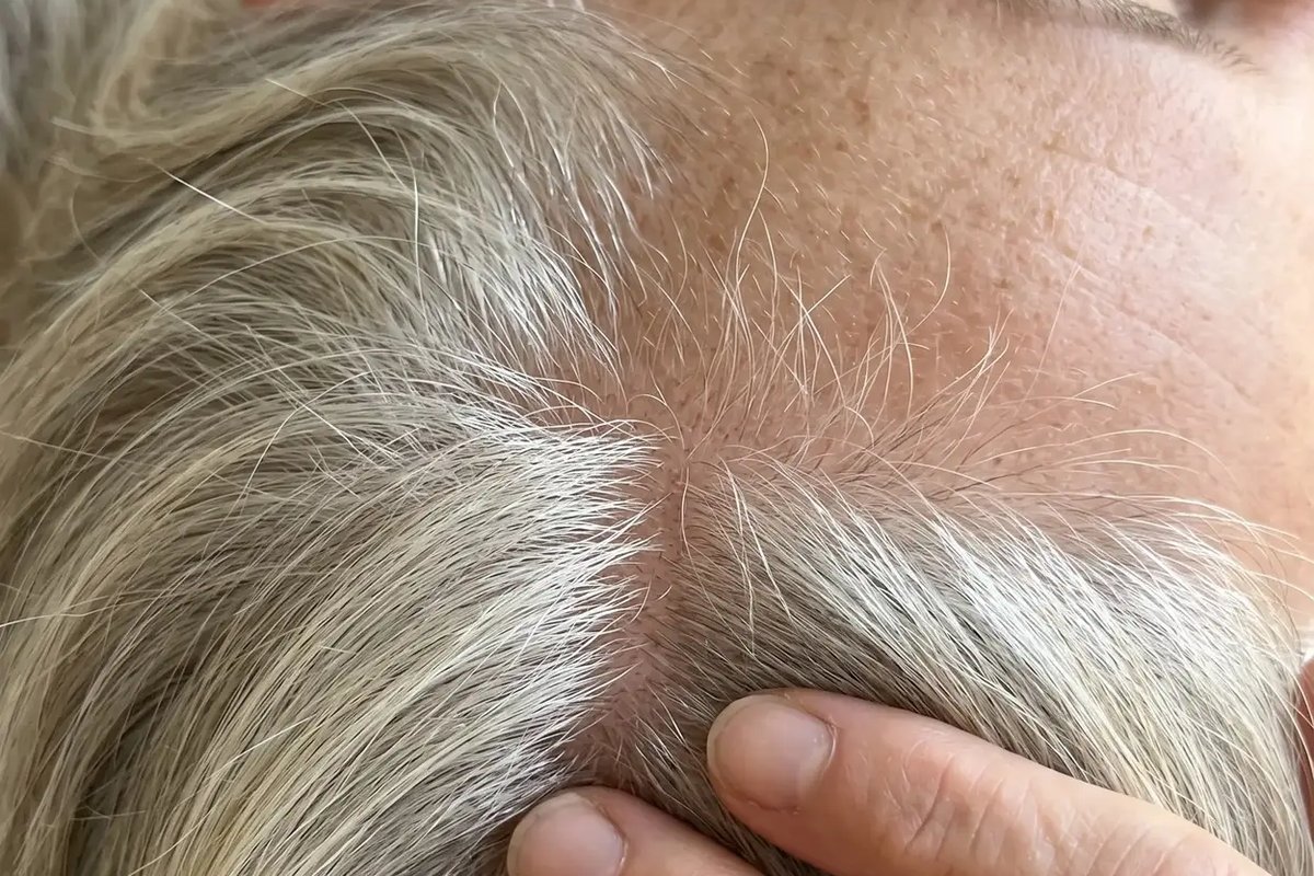 Gros plan sur la tempe : de nouveaux cheveux fins et courts apparaissent à la naissance des cheveux