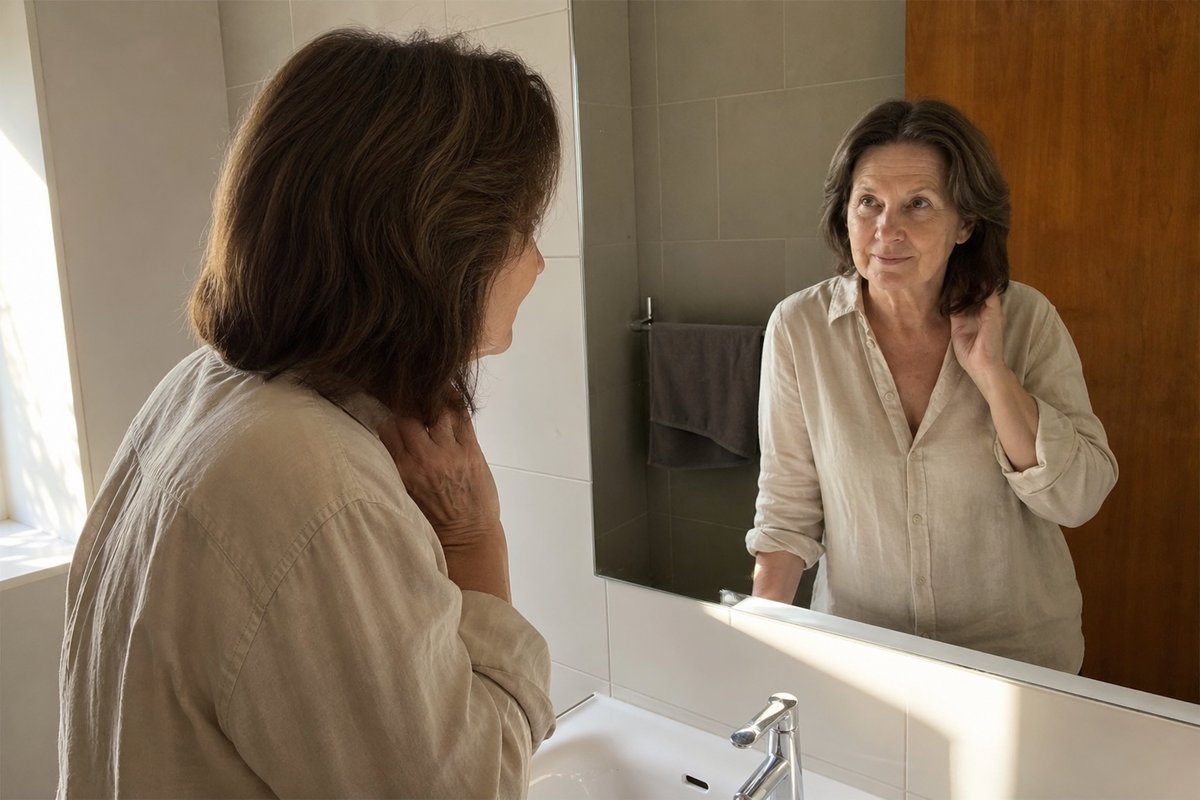 Une femme se regarde dans le miroir avec confiance retrouvée