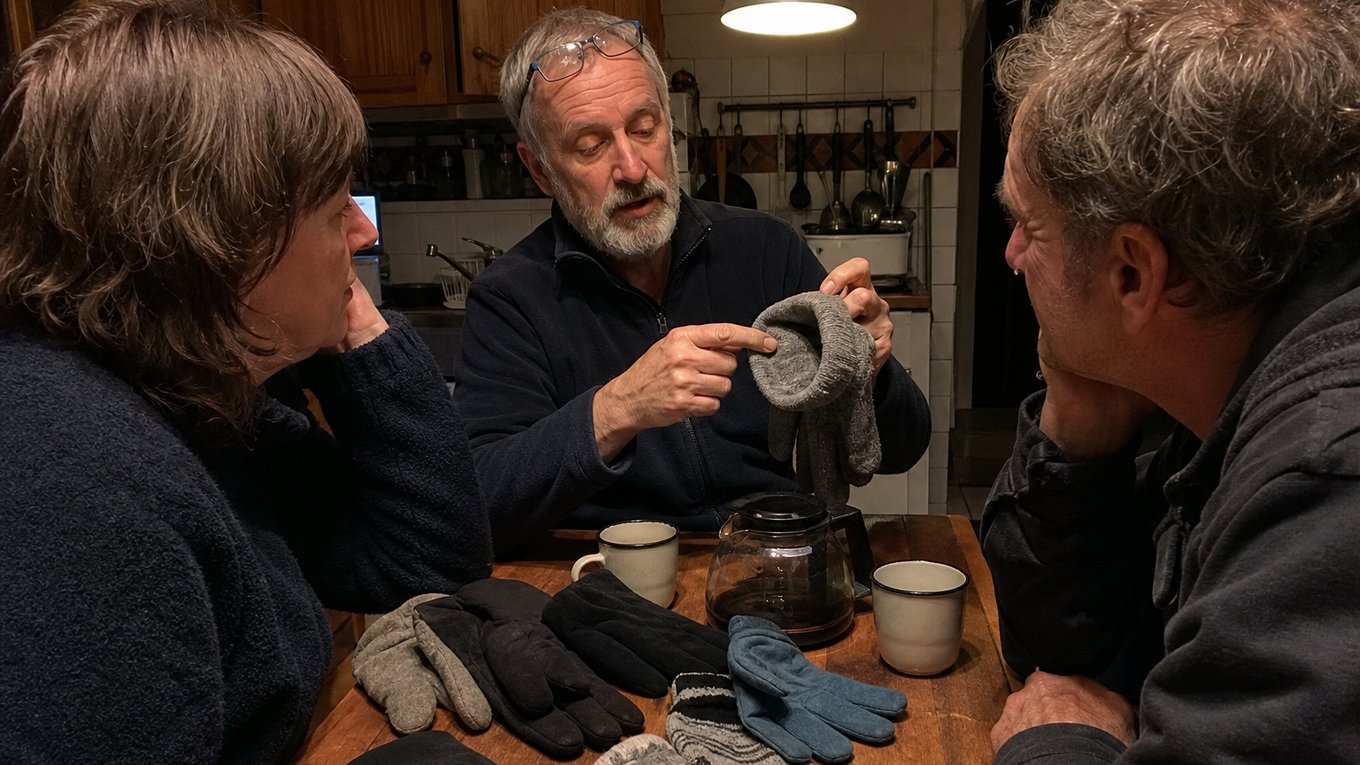 Gérard explique le problème des gants à table