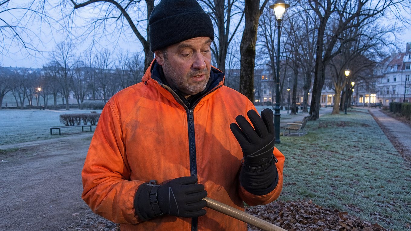 Jean-Marc au travail à l'aube dans un parc givré, avec ses gants chauffants