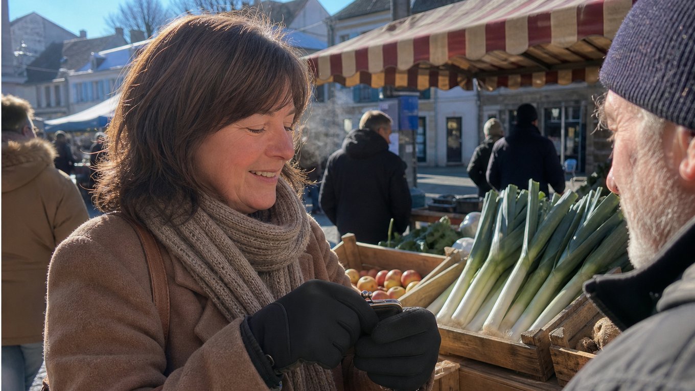 Sylvie au marché, les mains au chaud dans ses gants
