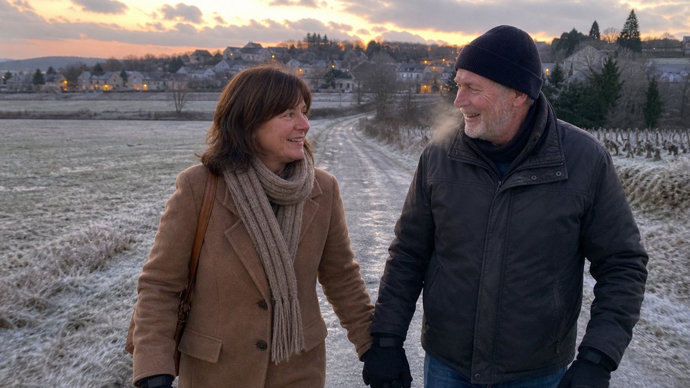 Sylvie et Jean-Marc en promenade un soir d'hiver, main dans la main