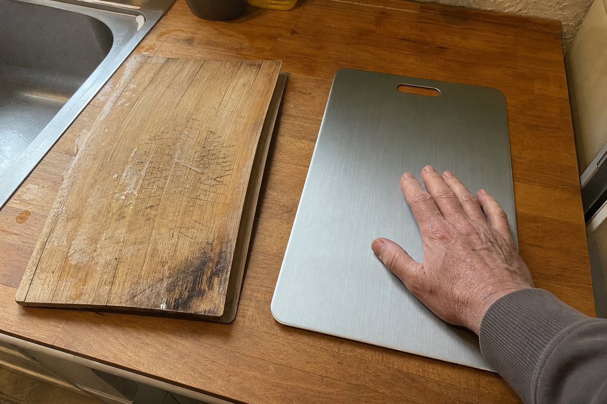 Ancienne planche en bois gondolée à côté d'une nouvelle planche Katori