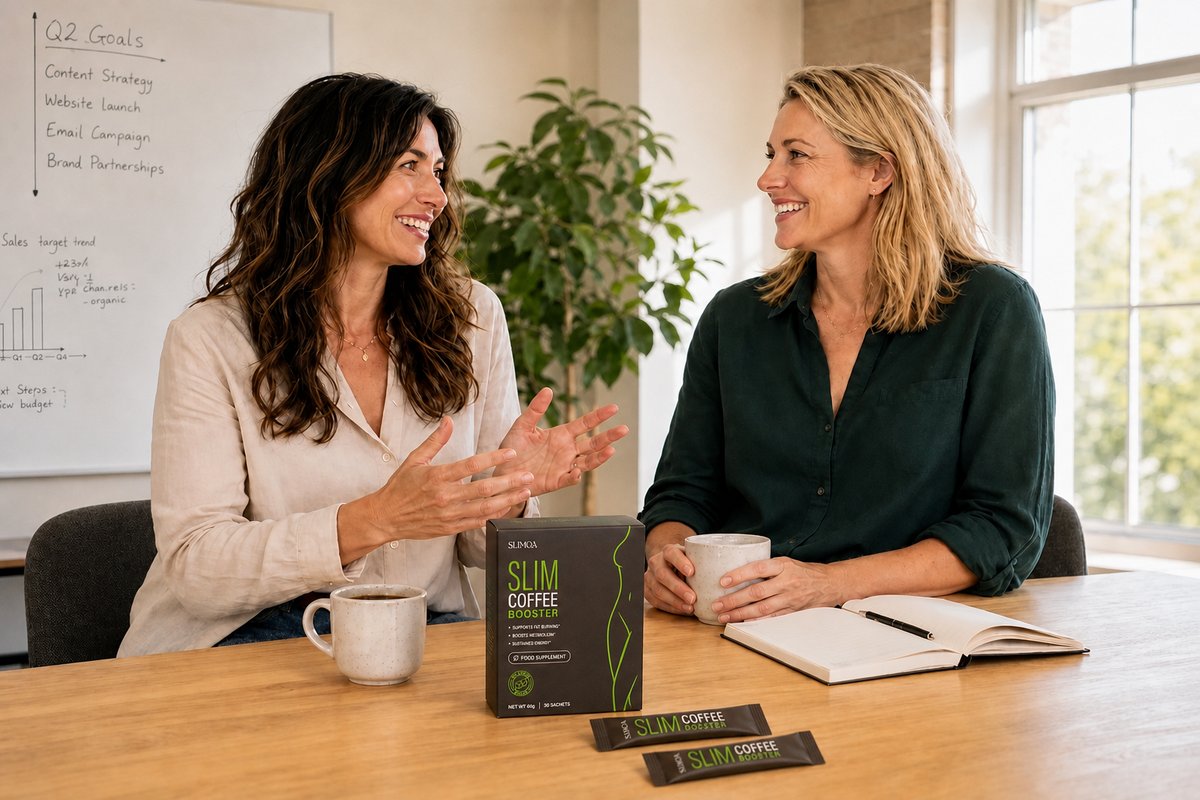 Chloe et Sophie discutent autour de la table, une boîte de Slimqa devant elles