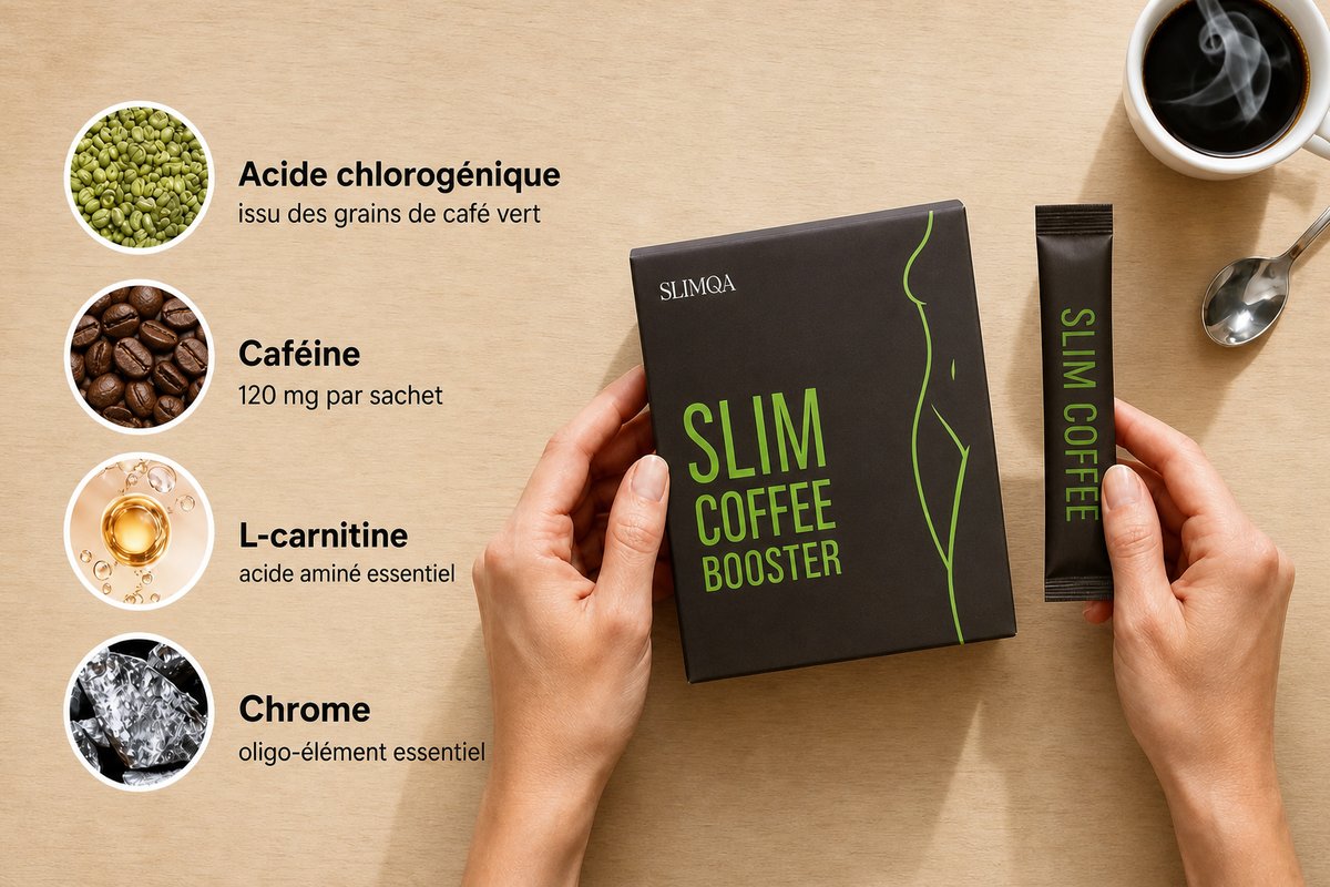 Les quatre actifs de la formule et la boîte Slimqa