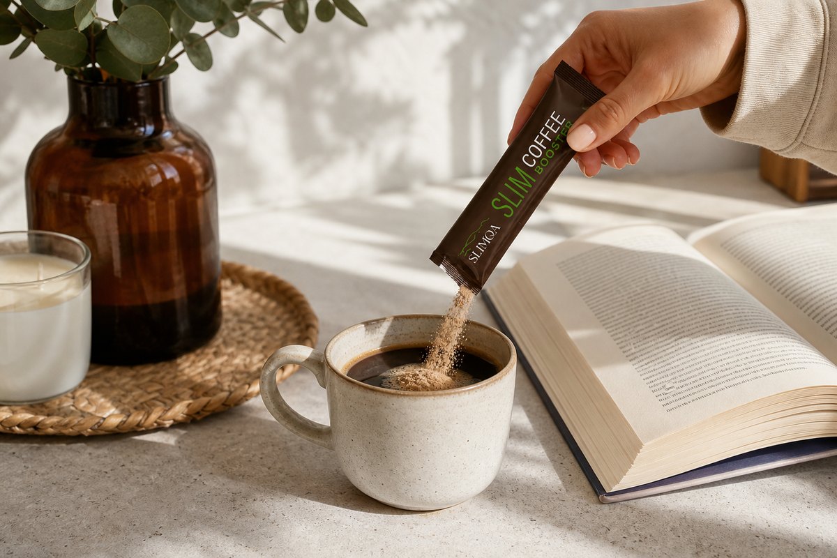 Un sachet Slimqa versé dans une tasse de café