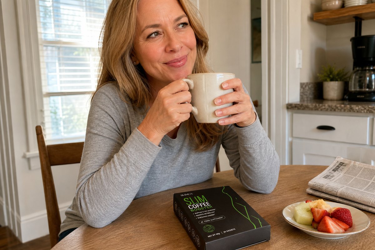 Une femme savoure son café du matin, la boîte Slimqa posée sur la table