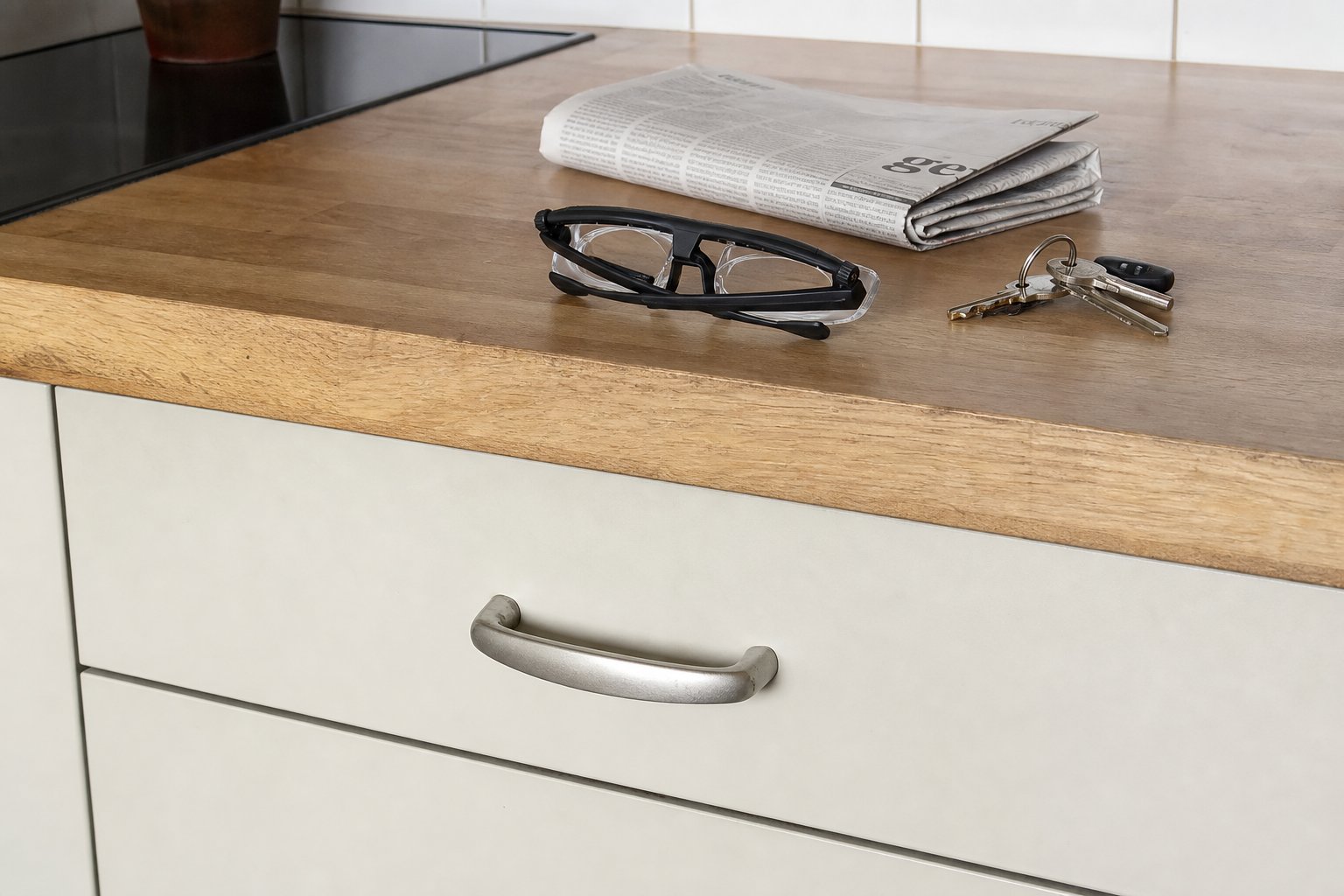 Le même tiroir de cuisine, fermé, avec une paire de lunettes posée sur le plan de travail à côté d'un journal plié