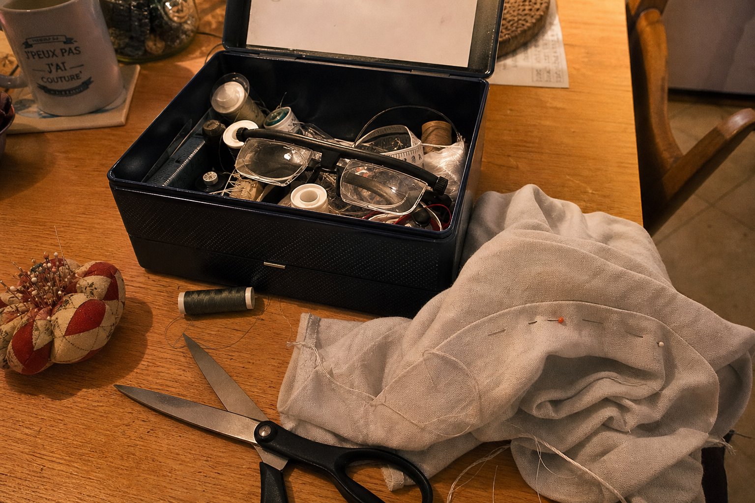 Les lunettes posées sur une boîte à couture ouverte, à côté d'une bobine de fil et de ciseaux
