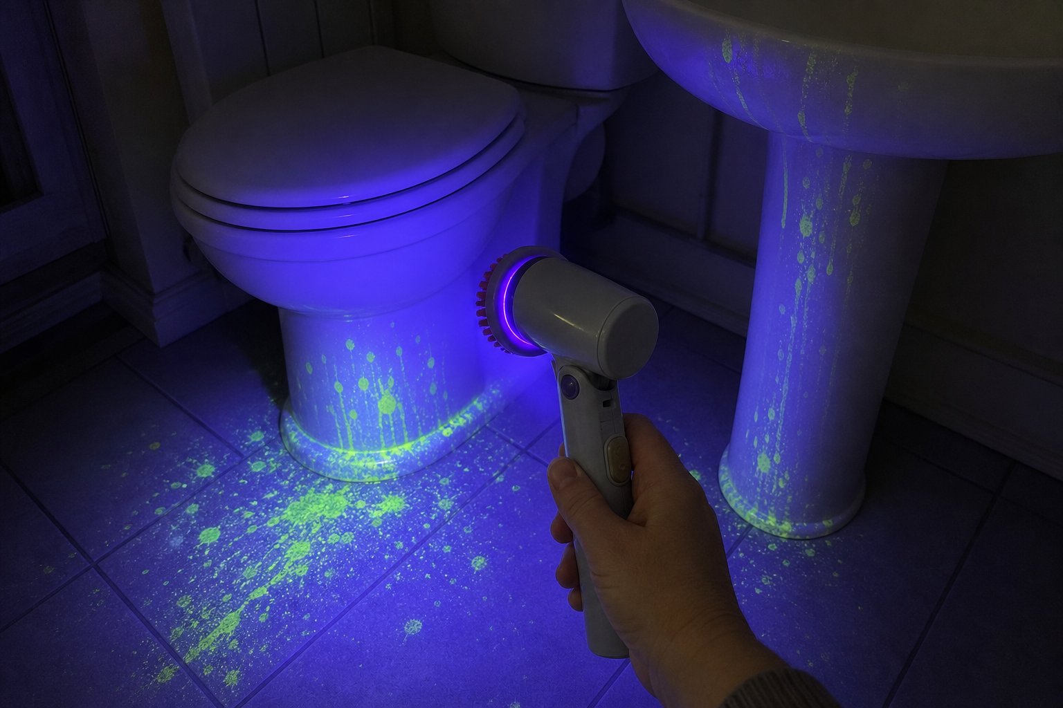 La lampe UV révèle des taches invisibles autour d&rsquo;une cuvette de toilettes