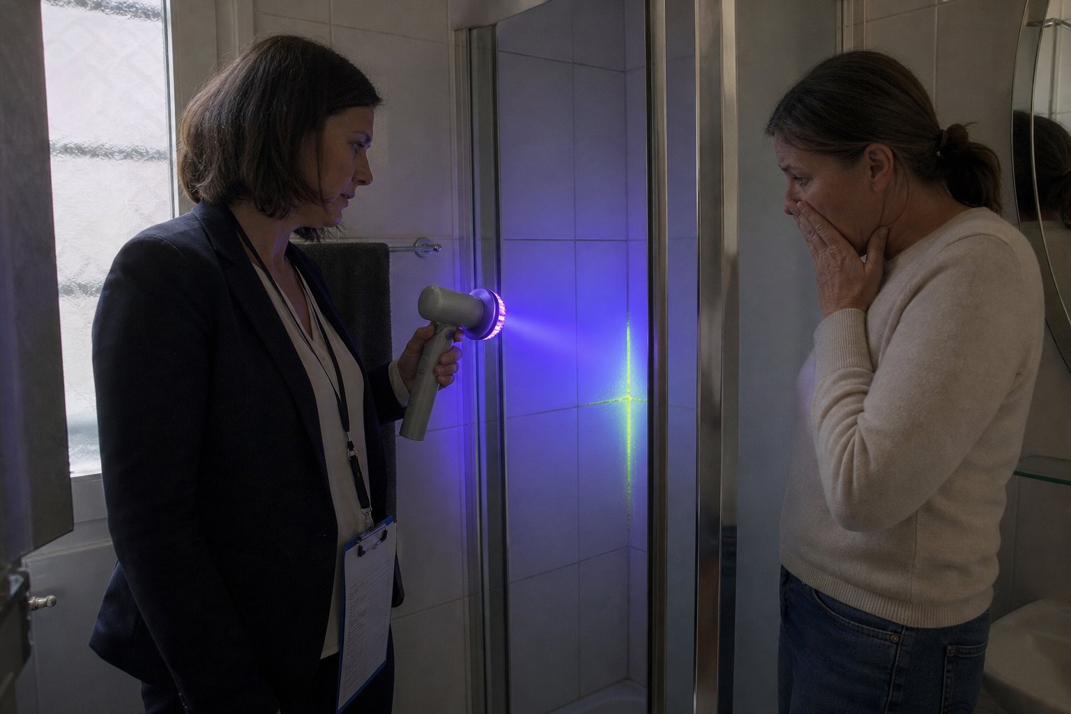 Une agente immobilière révèle sous lampe UV des traces invisibles autour d&rsquo;un joint de douche