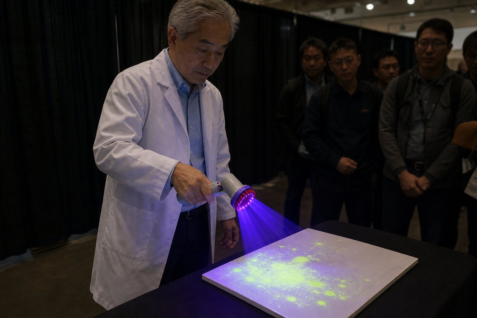 Un expert du nettoyage japonais fait une démonstration sous lampe UV lors d&rsquo;un salon professionnel