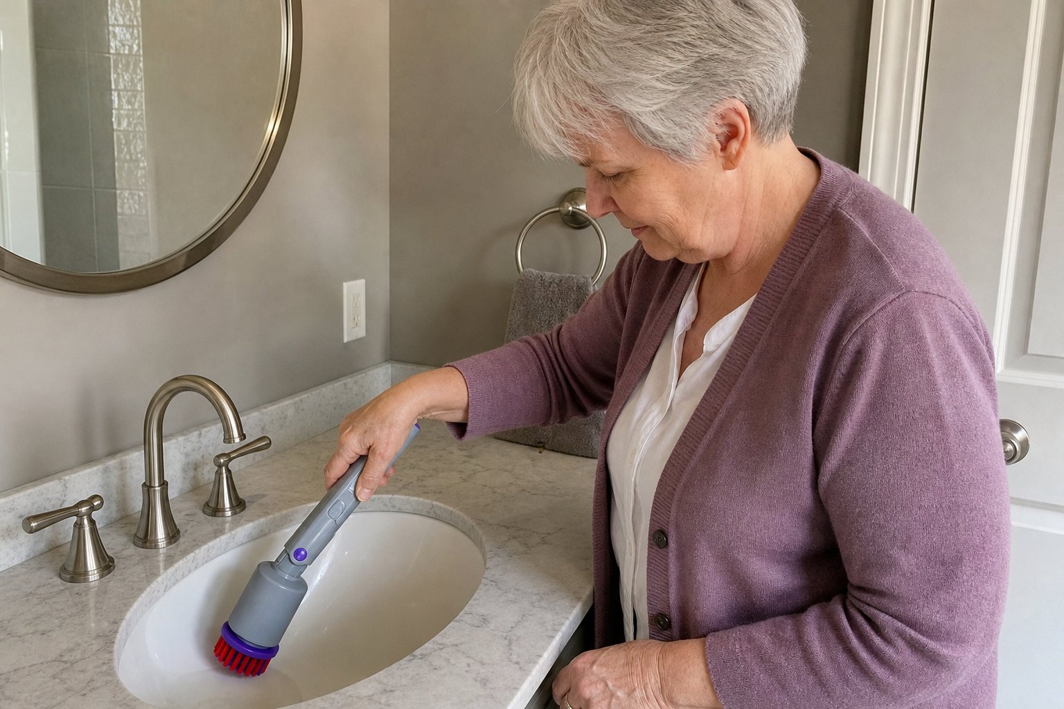 Christine M. nettoie sous le rebord du lavabo sans se pencher